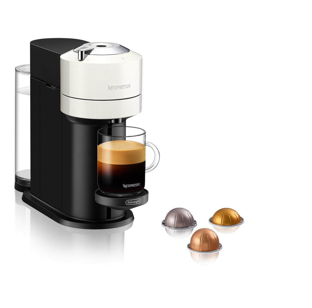 Machine à Café Vertuo Next Blanc, Capsules café Vertuo seulement, Technologie Centrifusion, 5 Tailles de Tasses + Kit de Bienvenue, Design Moderne, Arrêt Automatique, Blanc - Delaria Exclusive