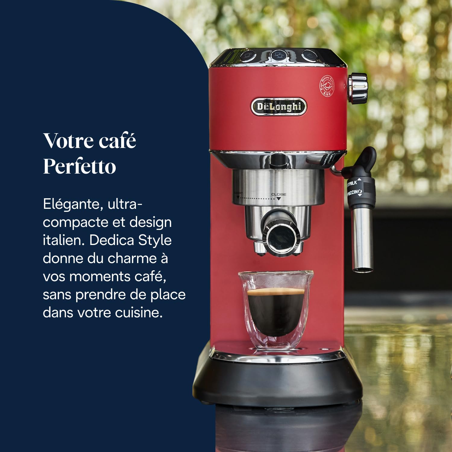Dedica Style, Machine à Café à Pompe en Acier Inoxydable Pour Café Moulu ou Dosettes, Rouge - Delaria Exclusive