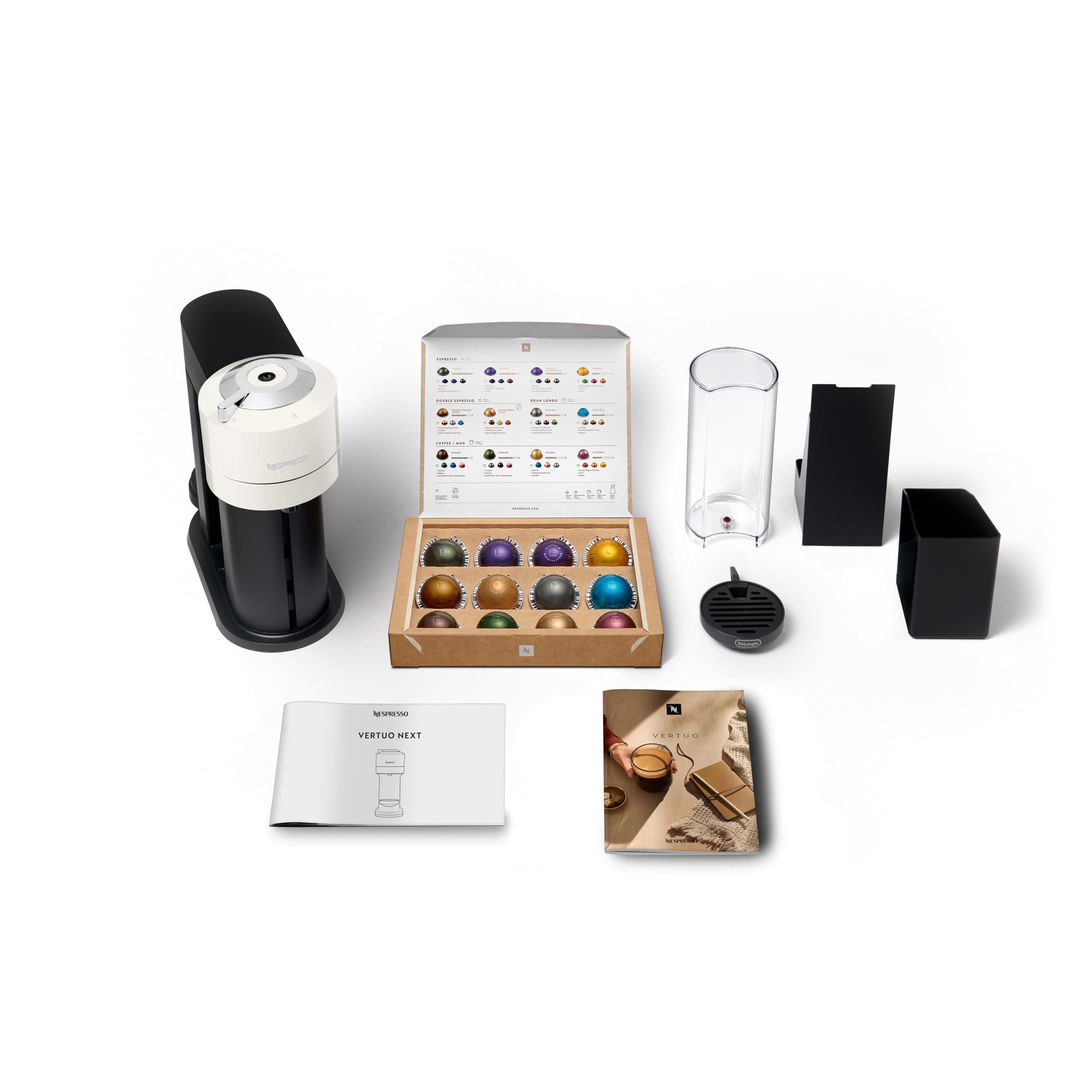 Machine à Café Vertuo Next Blanc, Capsules café Vertuo seulement, Technologie Centrifusion, 5 Tailles de Tasses + Kit de Bienvenue, Design Moderne, Arrêt Automatique, Blanc - Delaria Exclusive