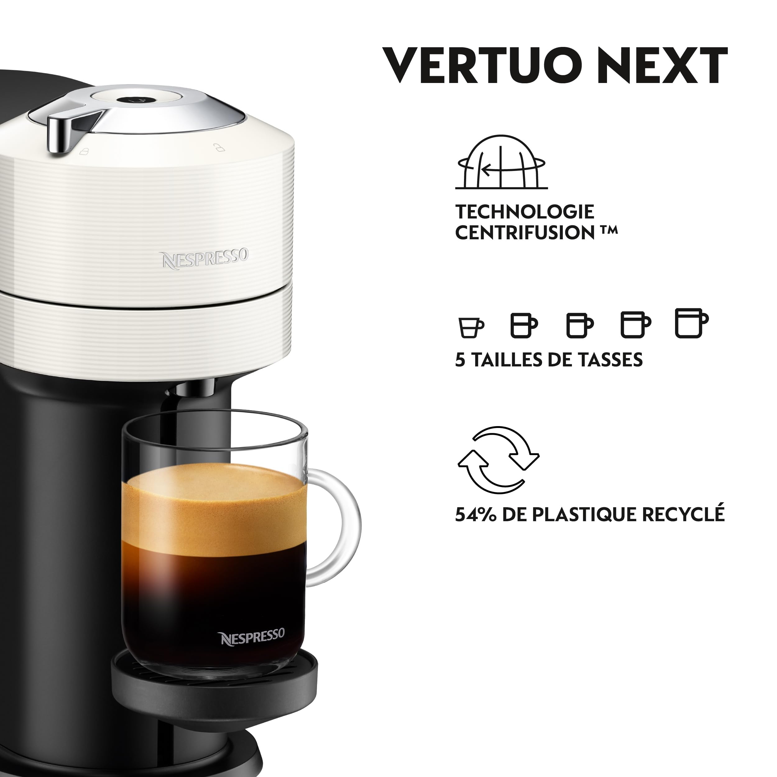 Machine à Café Vertuo Next Blanc, Capsules café Vertuo seulement, Technologie Centrifusion, 5 Tailles de Tasses + Kit de Bienvenue, Design Moderne, Arrêt Automatique, Blanc - Delaria Exclusive
