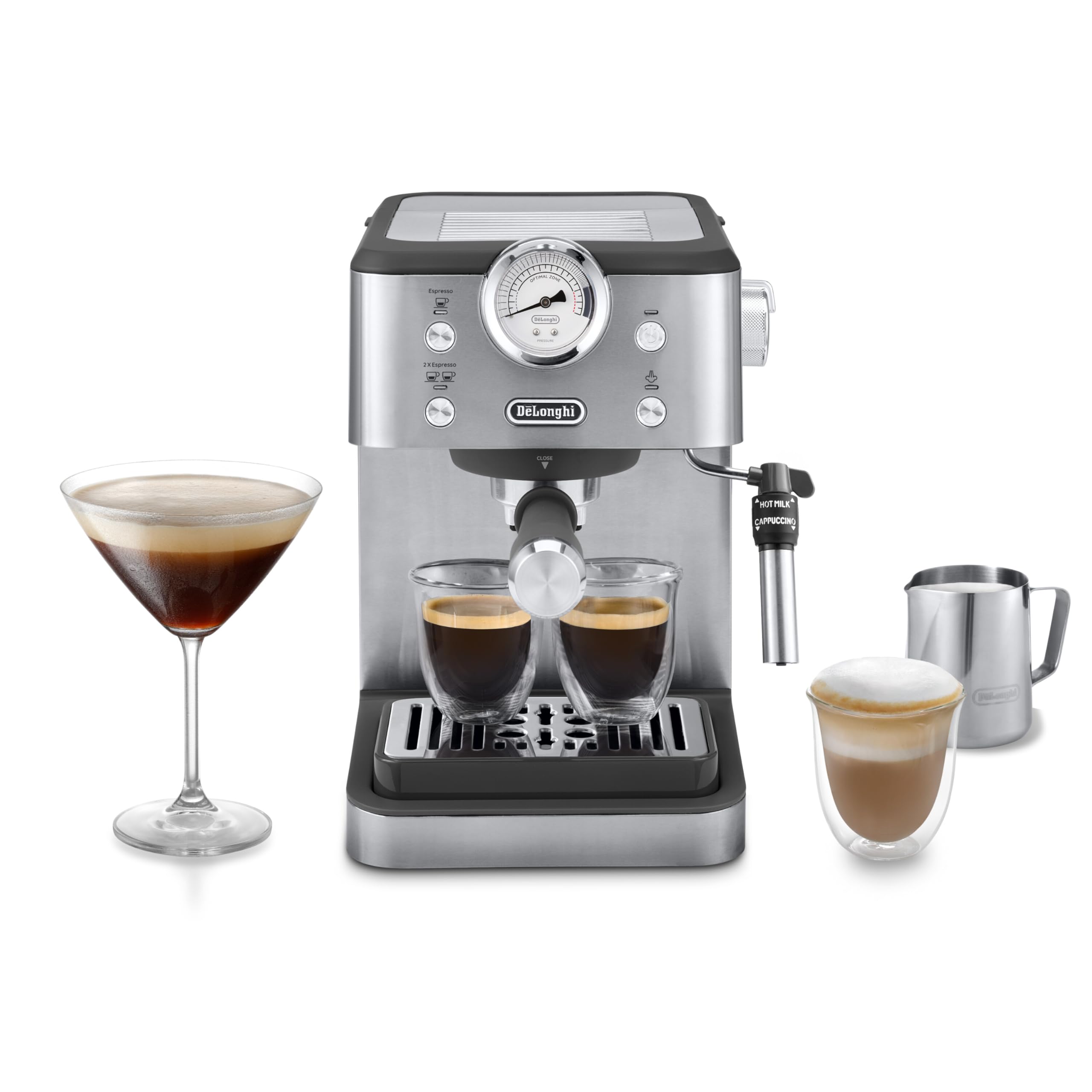 Linea Classic Machine à café manuelle avec tige vapeur, machine à expresso avec pompe barista, buse pour cappuccino, filtre double paroi, 15 bar, tasse jusqu'à 13 cm, acier - Delaria Exclusive
