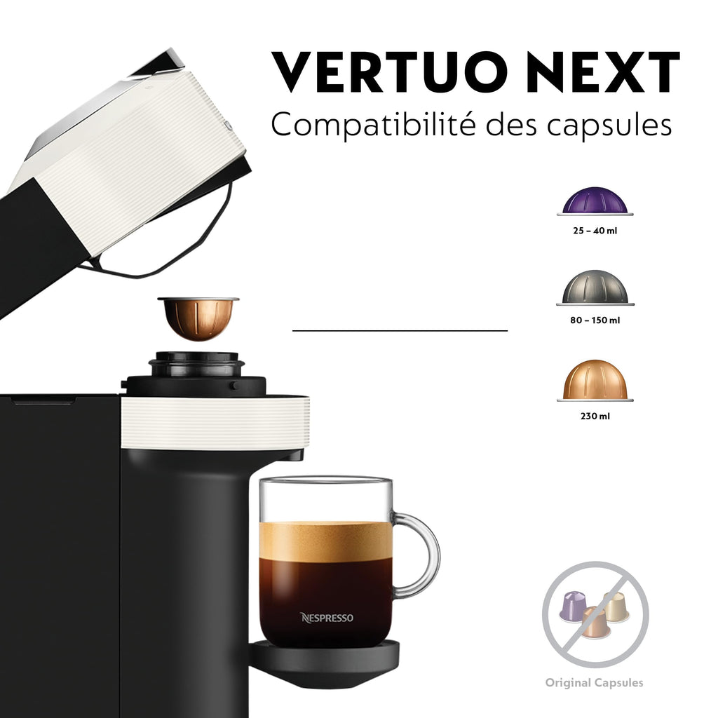 Machine à Café Vertuo Next Blanc, Capsules café Vertuo seulement, Technologie Centrifusion, 5 Tailles de Tasses + Kit de Bienvenue, Design Moderne, Arrêt Automatique, Blanc - Delaria Exclusive