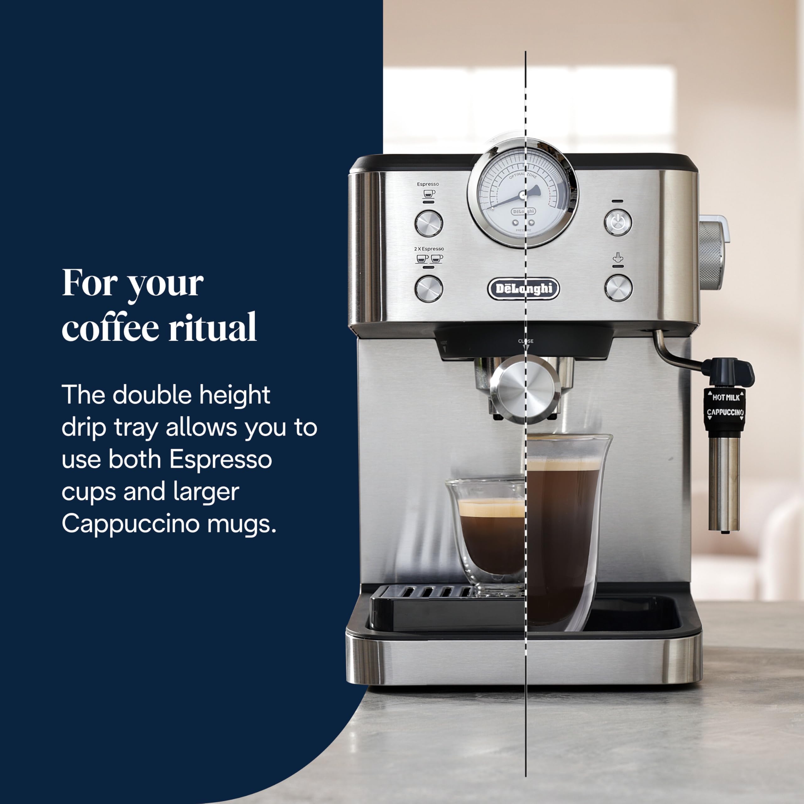Linea Classic Machine à café manuelle avec tige vapeur, machine à expresso avec pompe barista, buse pour cappuccino, filtre double paroi, 15 bar, tasse jusqu'à 13 cm, acier - Delaria Exclusive