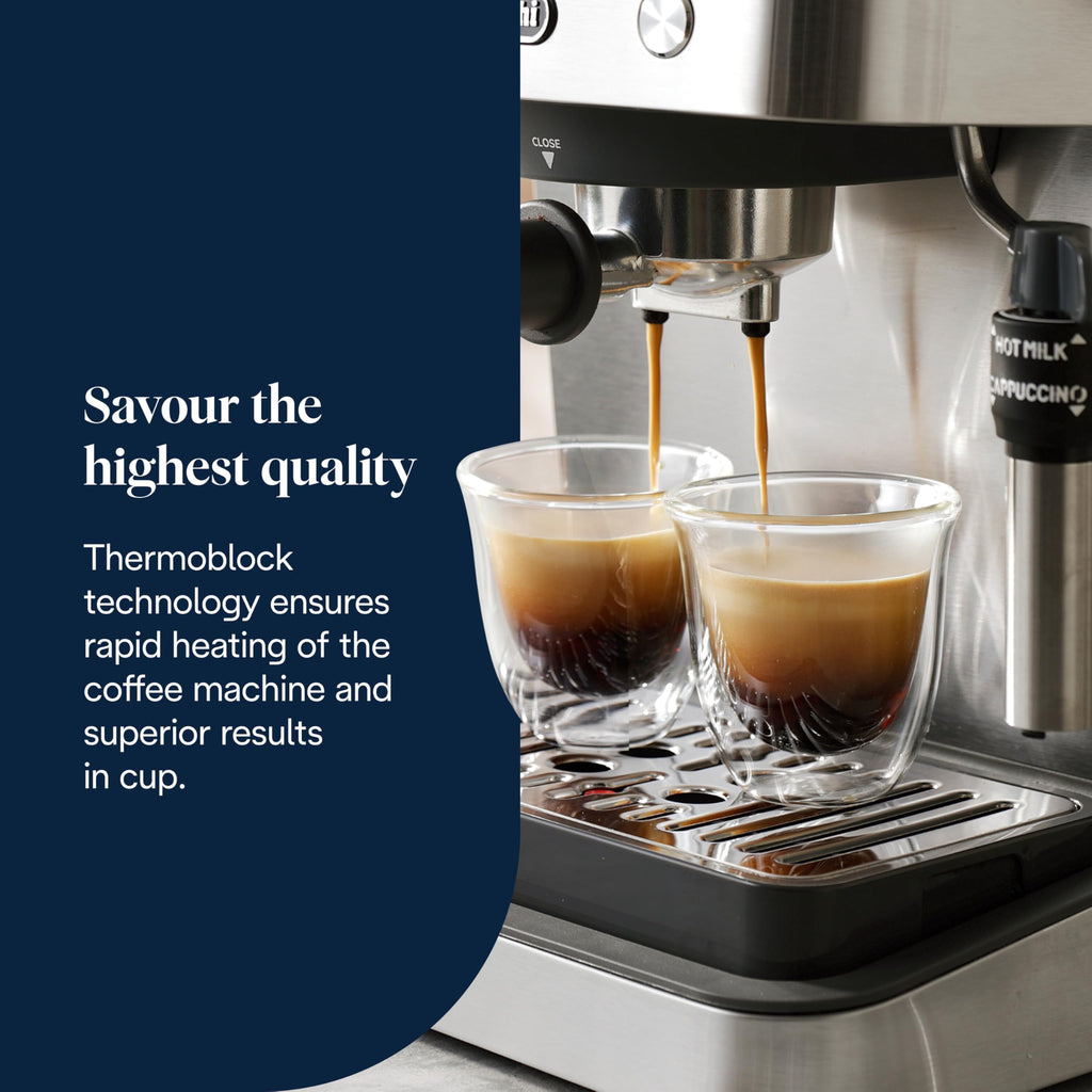 Linea Classic Machine à café manuelle avec tige vapeur, machine à expresso avec pompe barista, buse pour cappuccino, filtre double paroi, 15 bar, tasse jusqu'à 13 cm, acier - Delaria Exclusive