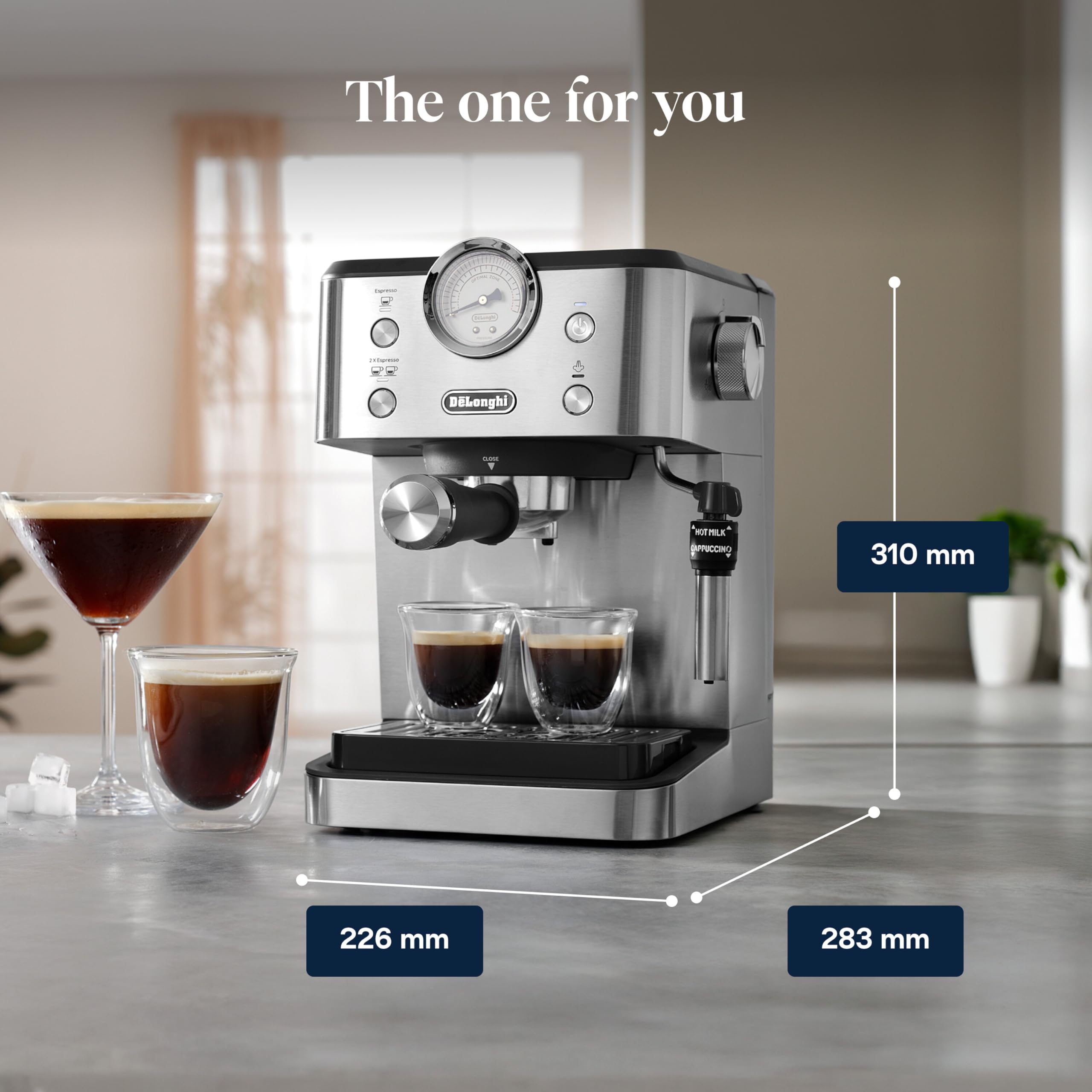 Linea Classic Machine à café manuelle avec tige vapeur, machine à expresso avec pompe barista, buse pour cappuccino, filtre double paroi, 15 bar, tasse jusqu'à 13 cm, acier - Delaria Exclusive